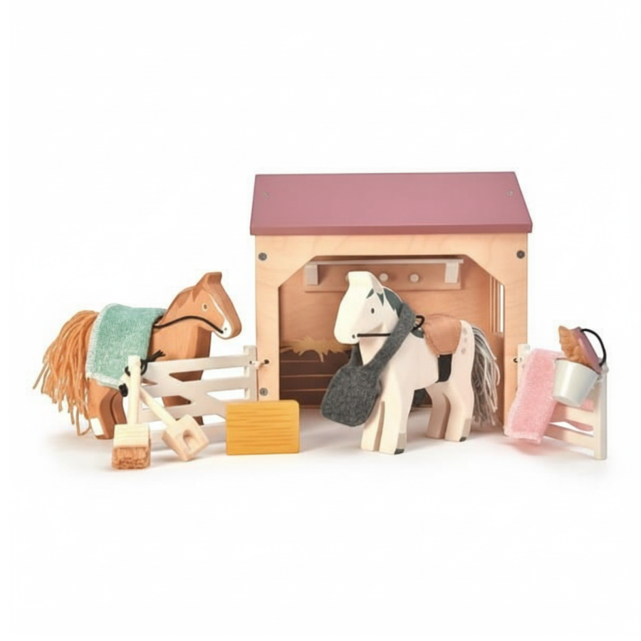 Drewniane figurki do zabawy - stajnia z końmi / Tender Leaf Toys