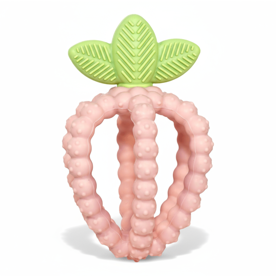 Gryzak silikonowy - różowa malina z listkami / RazBaby