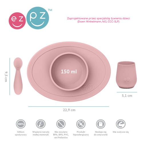 Komplet pierwszych naczyń silikonowych First Foods Set pastelowy róż / EZPZ