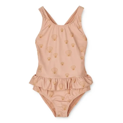 Jednoczęściowy kostium kąpielowy z falbanką Amara - Sea shell, Pale tuscany / Liewood