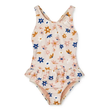 Jednoczęściowy kostium kąpielowy z falbanką Amara - Flower market, Sandy mix / Liewood