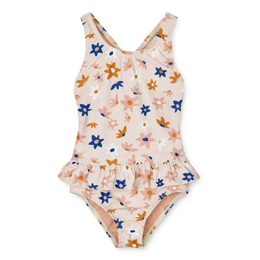 Jednoczęściowy kostium kąpielowy z falbanką Amara - Flower market, Sandy mix / Liewood