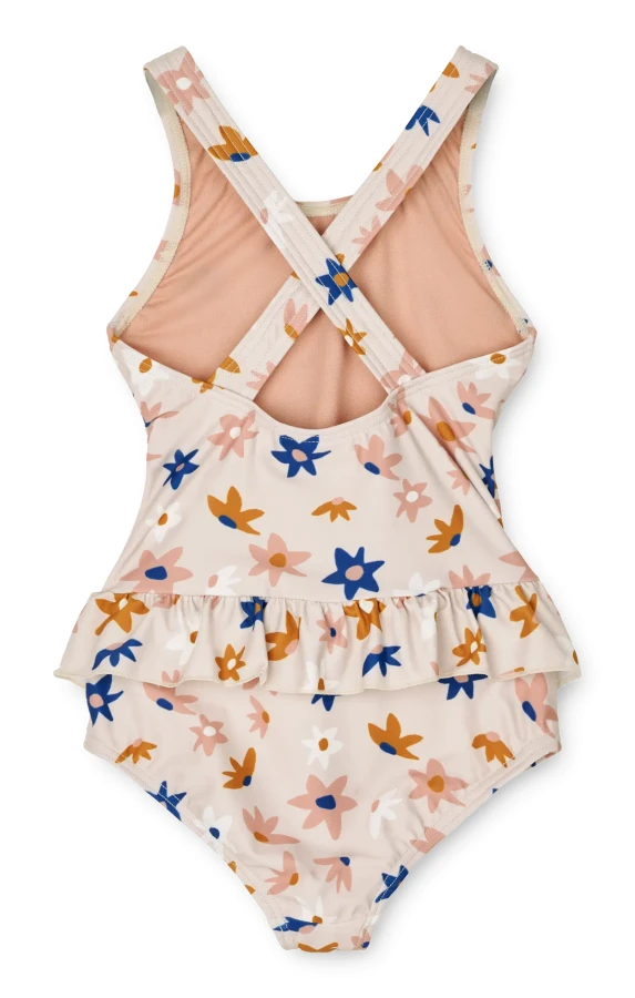 Jednoczęściowy kostium kąpielowy z falbanką Amara - Flower market, Sandy mix / Liewood