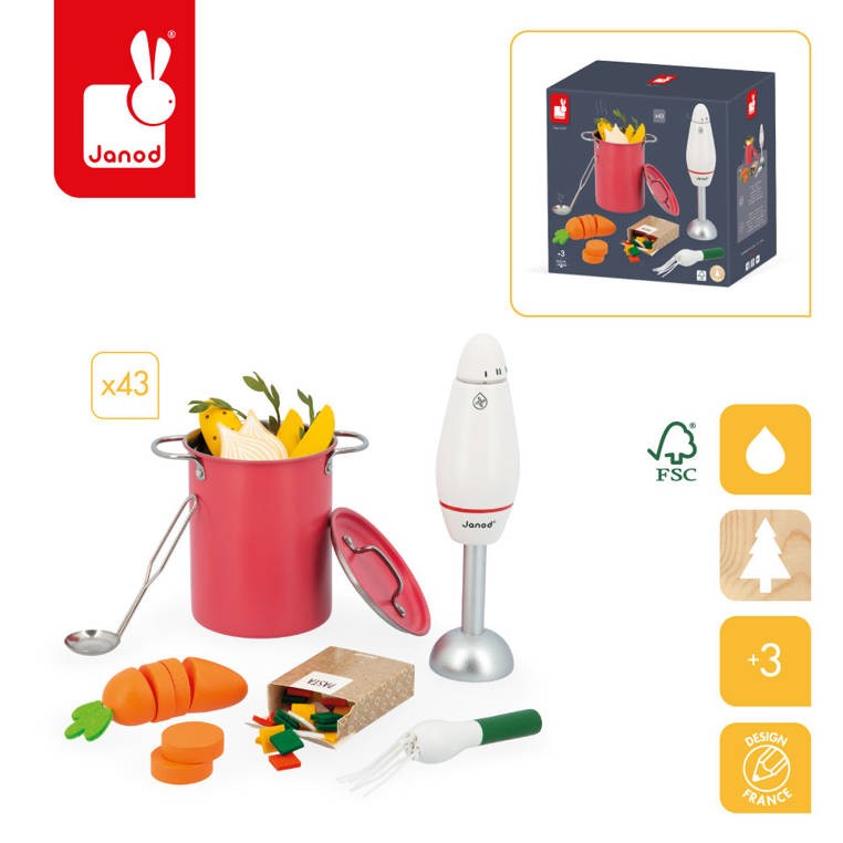 Zestaw do gotowania zupy z drewnianym blenderem i akcesoriami 3+ / Janod J06634