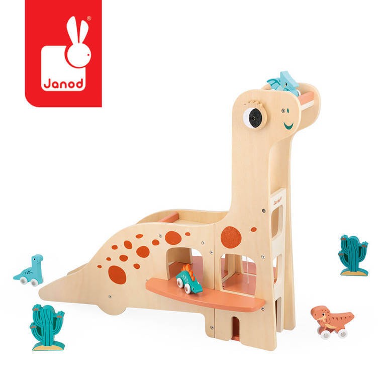 Drewniany garaż piętrowy z windą i 6 akcesoriami Dinozaury 2+ / Janod