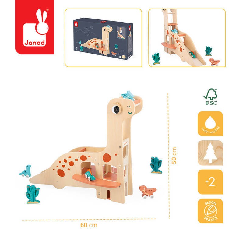 Drewniany garaż piętrowy z windą i 6 akcesoriami Dinozaury 2+ / Janod
