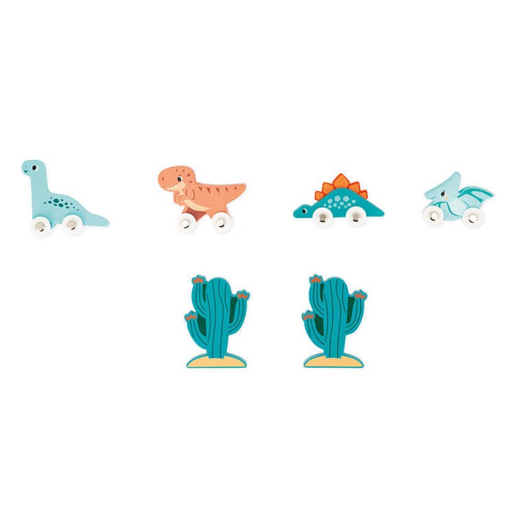 Drewniany garaż piętrowy z windą i 6 akcesoriami Dinozaury 2+ / Janod