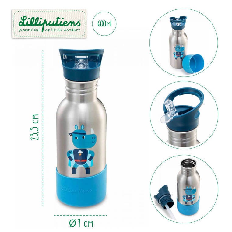 Bidon 600 ml ze stali nierdzewnej ze słomką Super Nosorożec Marius / Lilliputiens