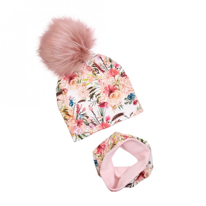 Zimowy komplet ocieplany BOHO KWIATY z pomponem / UL&KA