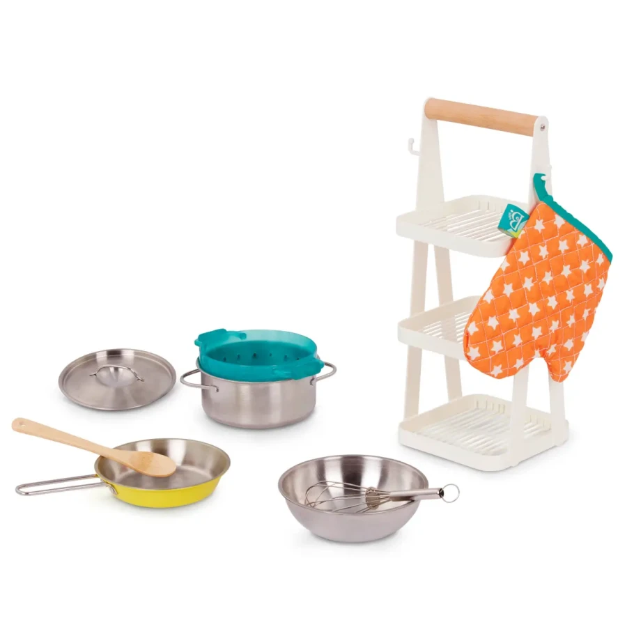 Mini Chef - Pot-n-Pan Playset - zestaw realistycznych naczyń i przyborów kuchennych ze stojakiem / B.Toys