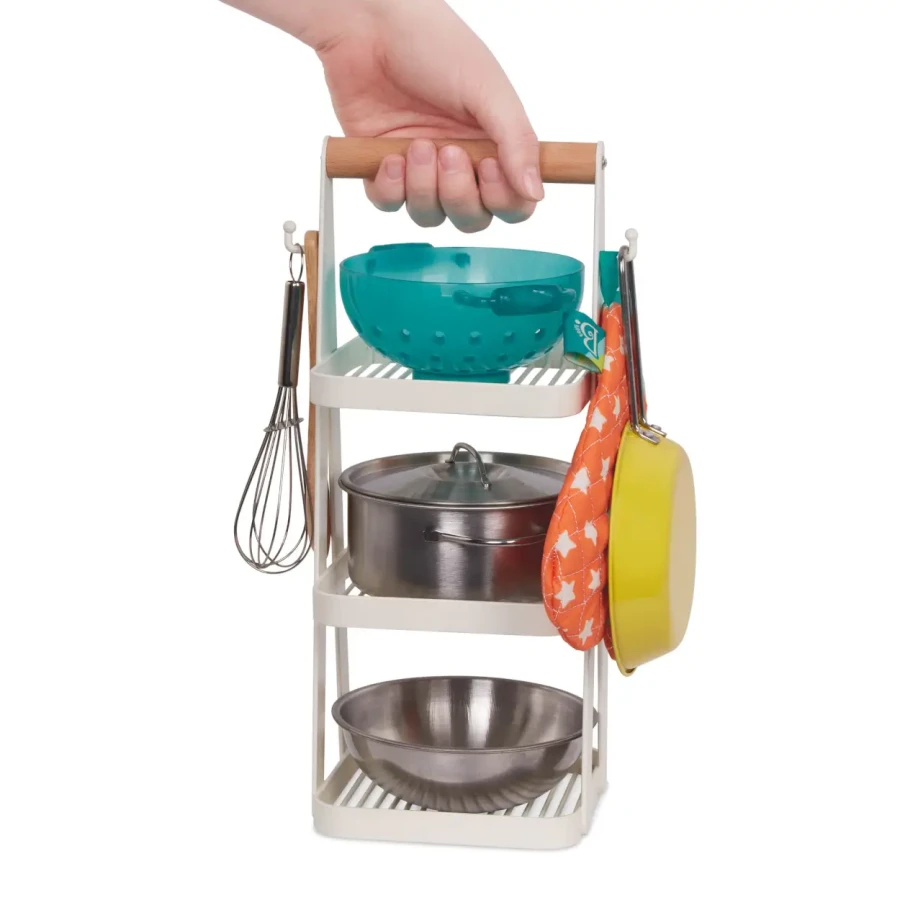 Mini Chef - Pot-n-Pan Playset - zestaw realistycznych naczyń i przyborów kuchennych ze stojakiem / B.Toys