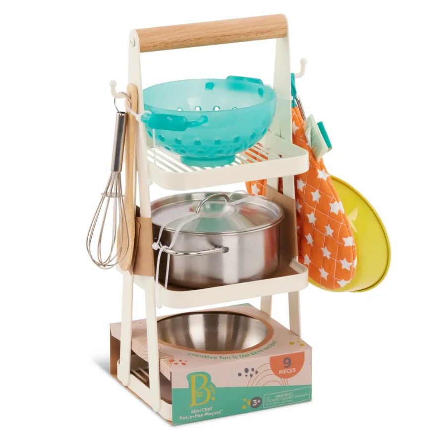 Mini Chef - Pot-n-Pan Playset - zestaw realistycznych naczyń i przyborów kuchennych ze stojakiem / B.Toys