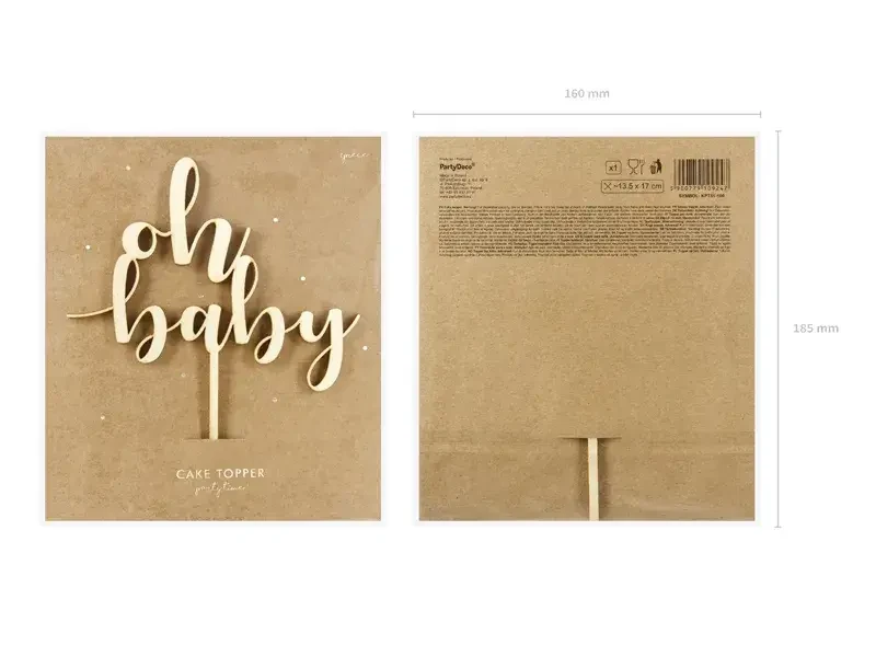 Topper drewniany Oh baby, 17cm / PartyDeco