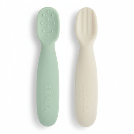 Zestaw 2 silikonowych pierwszych łyżeczek-gryzaków: Sage green, velvet grey / Beaba