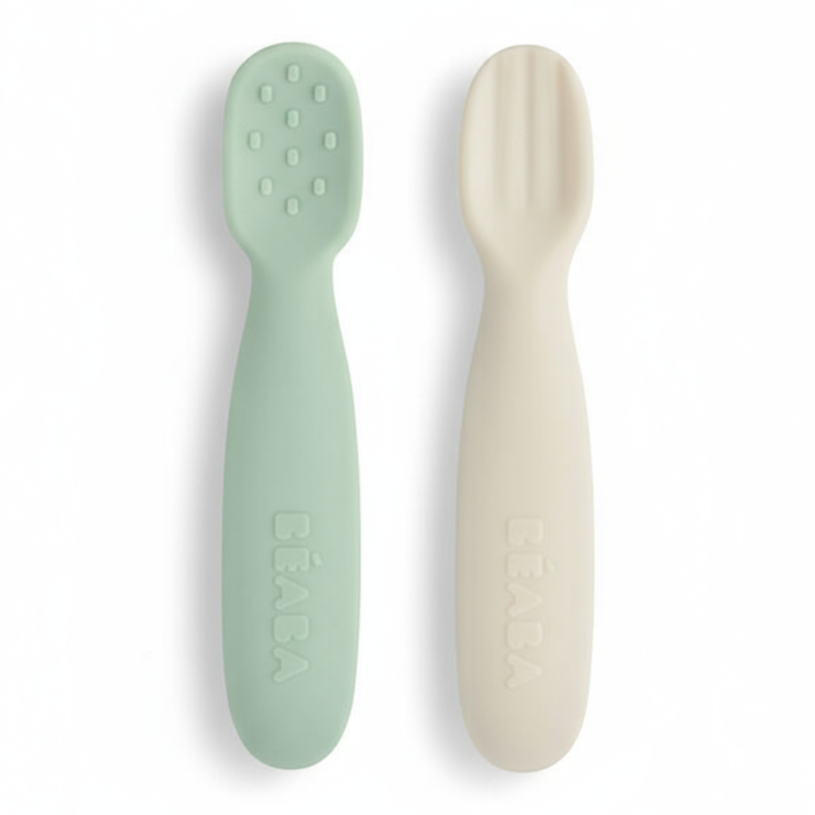 Zestaw 2 silikonowych pierwszych łyżeczek-gryzaków: Sage green, velvet grey / Beaba