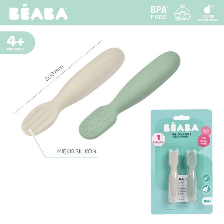 Zestaw 2 silikonowych pierwszych łyżeczek-gryzaków: Sage green, velvet grey / Beaba
