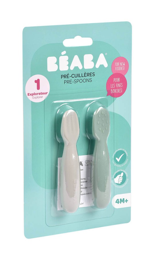 Zestaw 2 silikonowych pierwszych łyżeczek-gryzaków: Sage green, velvet grey / Beaba