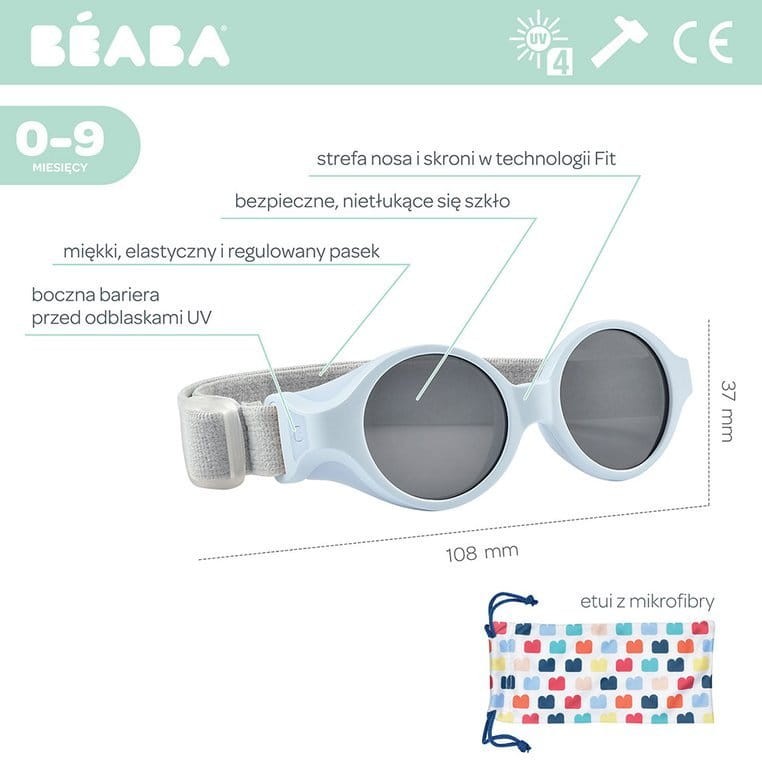 Okulary przeciwsłoneczne dla dzieci z elastyczną opaską 0-9 miesięcy, Glee - Pearl blue / Beaba