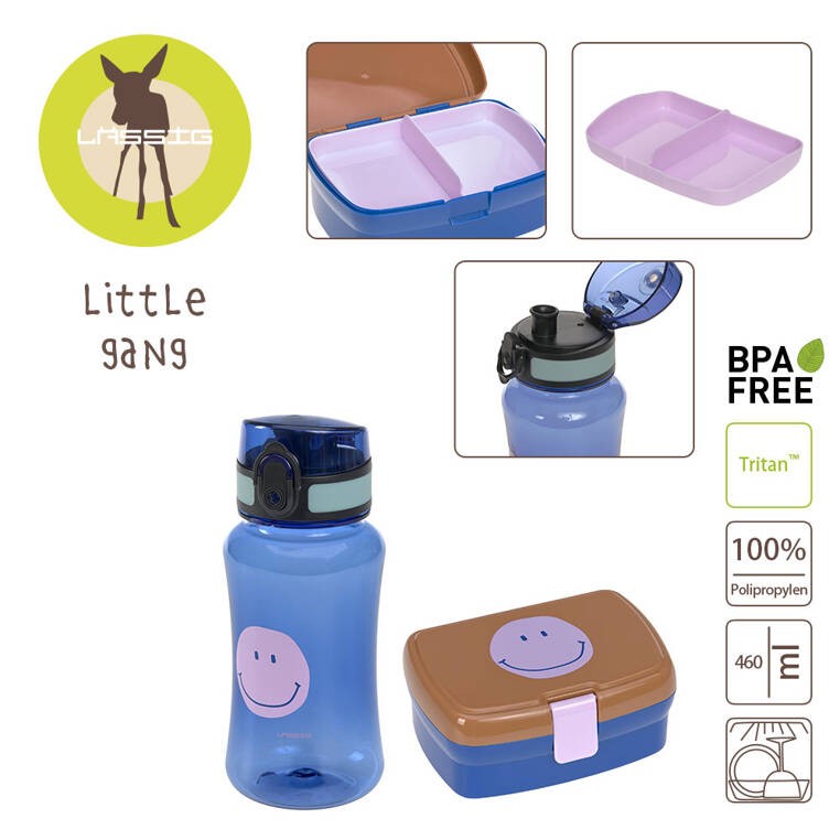 Zestaw na lunch: Lunchbox + Tritanowa butelka - bidon 460 ml Little Gang Smile - caramel, blue / Lassig
