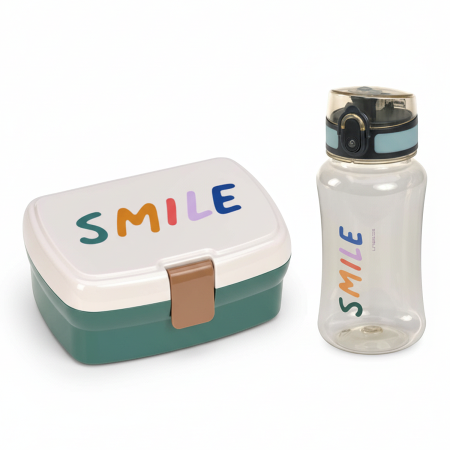 Zestaw na lunch: Lunchbox + Tritanowa butelka - bidon 460 ml Little Gang Smile - milky, ocean green / Lassig