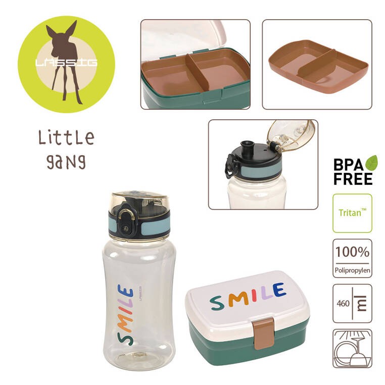 Zestaw na lunch: Lunchbox + Tritanowa butelka - bidon 460 ml Little Gang Smile - milky, ocean green / Lassig