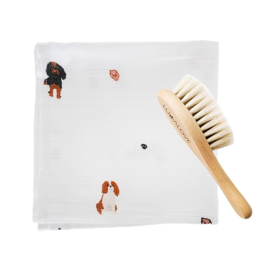 Miękka szczotka z koziego włosia z myjką muślinową - pieski, cavaliery / Lullalove