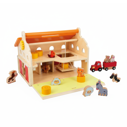 Drewniana farma z otwieranym dachem i figurkami 2+ / Janod