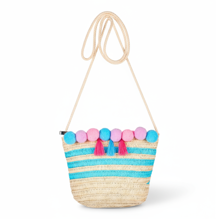Torebka dla dzieci słomkowa naturalna w paski z pomponami i chwostami Alaia / Souza!