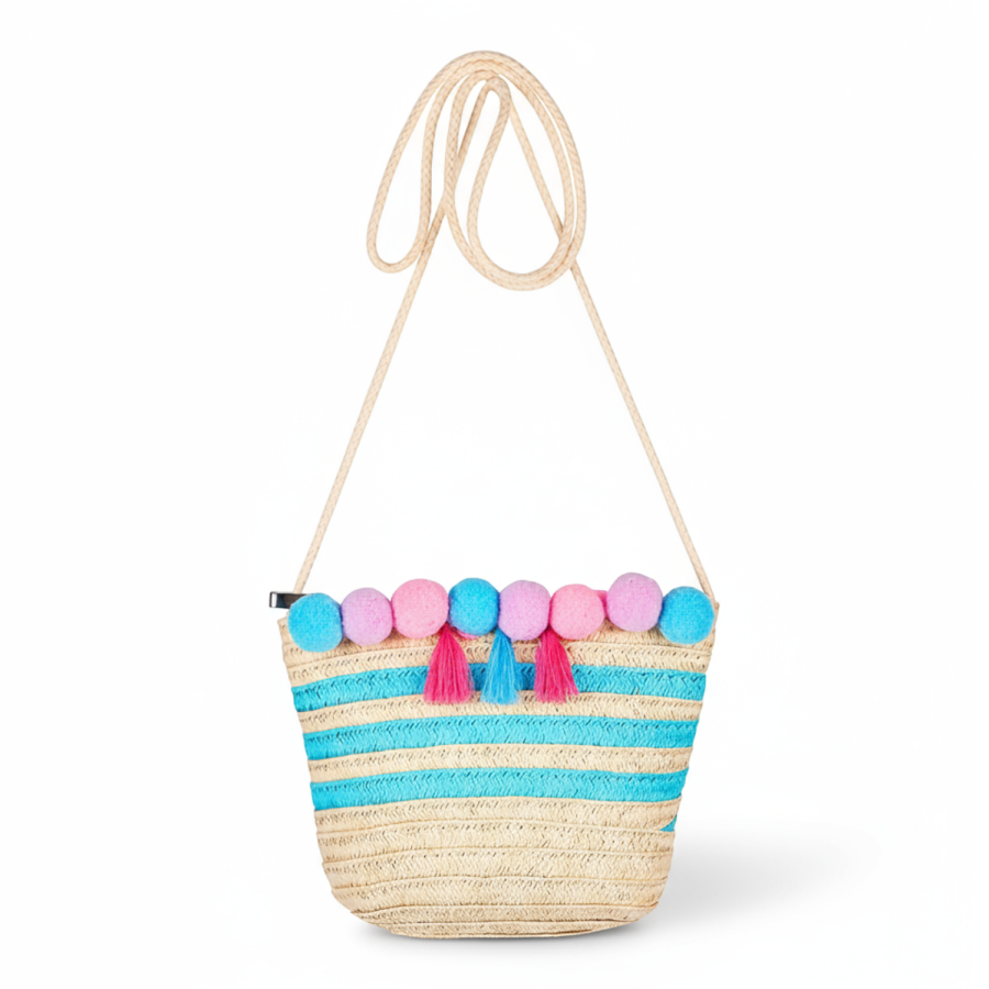 Torebka dla dzieci słomkowa naturalna w paski z pomponami i chwostami Alaia / Souza!