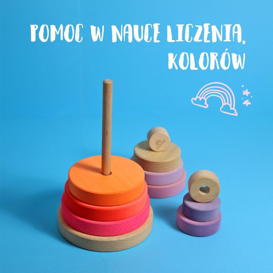Drewniana wieża 10 krążków - Neon Pink  / Grimm's