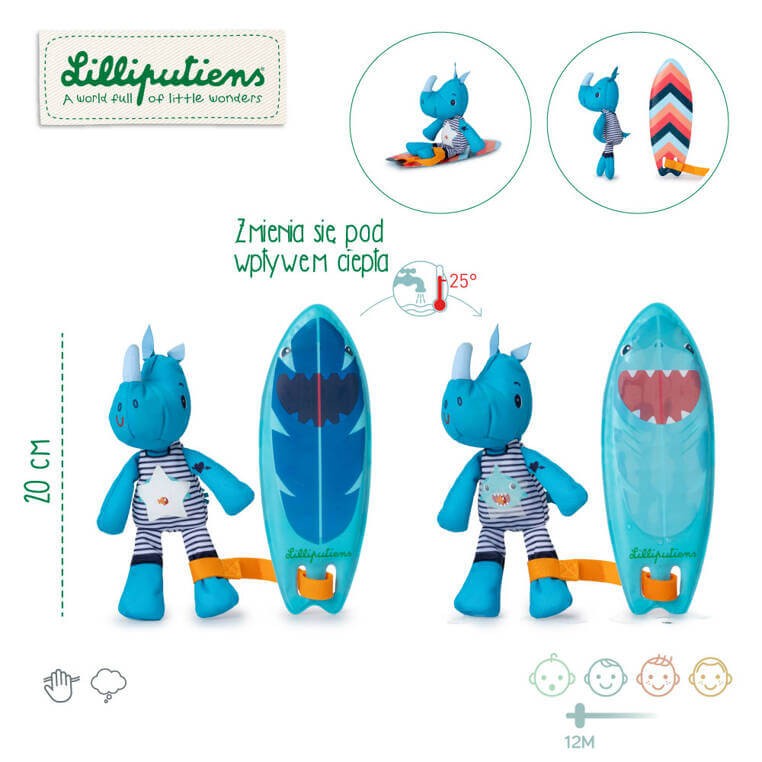 Magiczna przytulanka do kąpieli surfer Nosorożec Marius 12 m+ / Lilliputiens