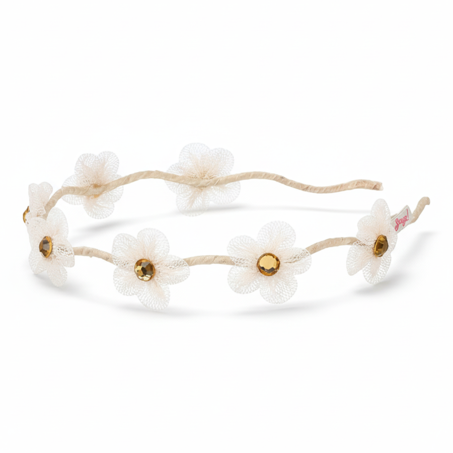 Opaska z białymi tiulowymi kwiatkami i złotymi cyrkoniami Liyana / Souza!