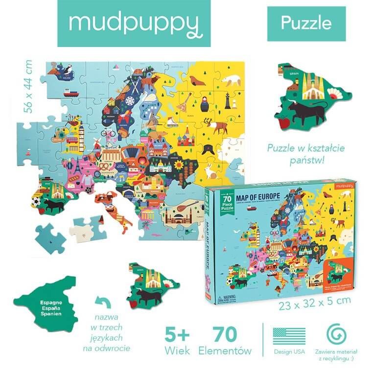Puzzle Mapa Europy z elementami w kształcie państw 5+ / Mudpuppy
