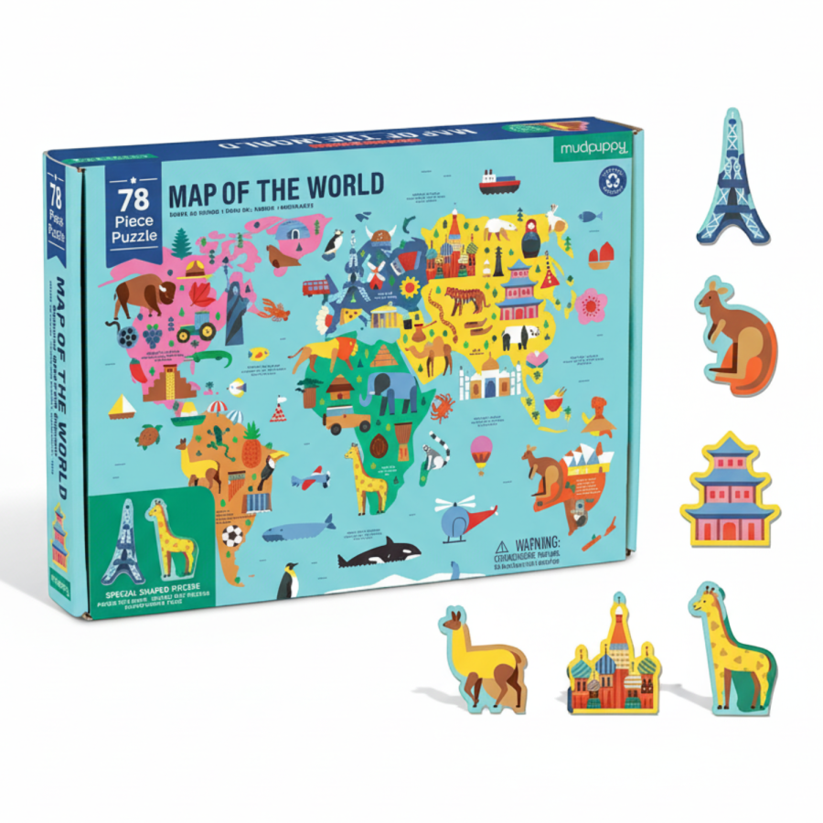 Puzzle Mapa Świata z elementami w kształcie budynków i zwierząt 5+ / Mudpuppy