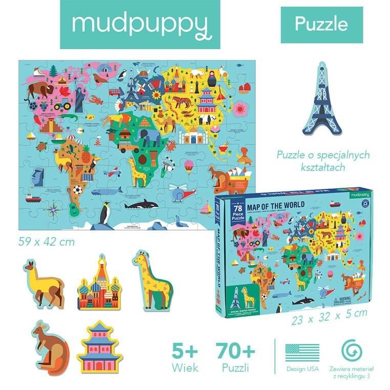 Puzzle Mapa Świata z elementami w kształcie budynków i zwierząt 5+ / Mudpuppy
