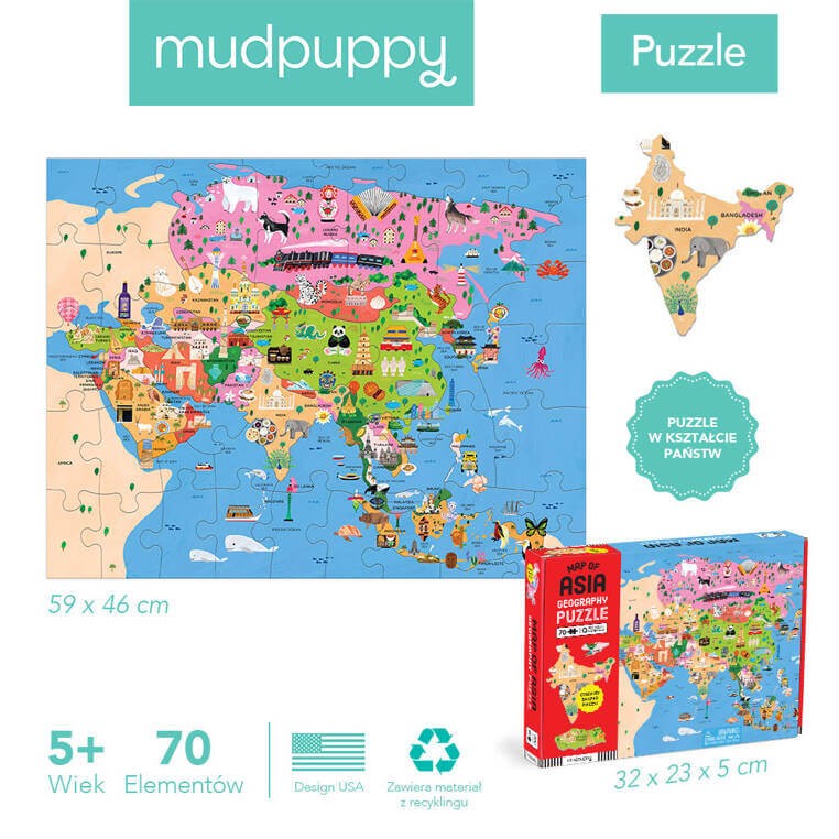 Puzzle konturowe Mapa Azji 70 elementów 5+ / Mudpuppy