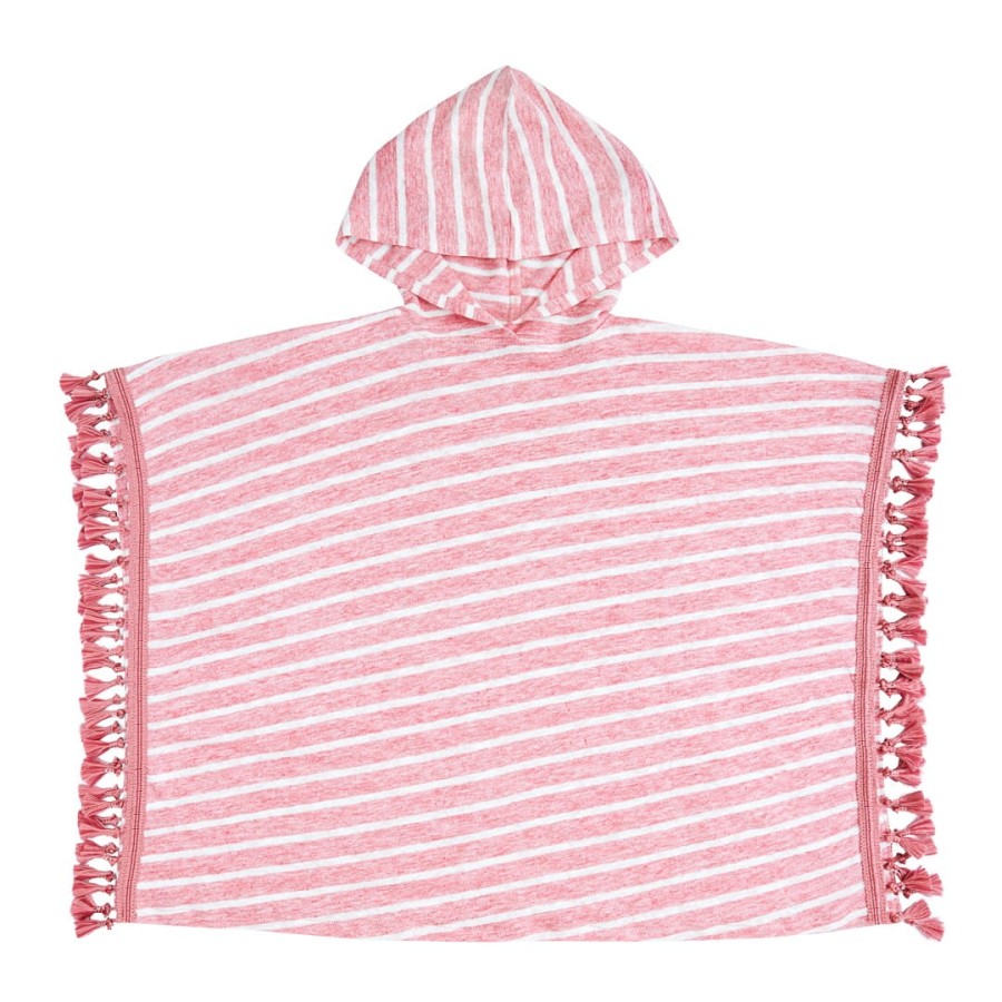 Lniane poncho plażowe z kapturem - różowe paski / Kidspace
