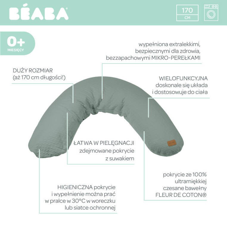 Ergonomiczna poduszka rogal dla kobiet w ciąży i karmiących Big Flopsy™, Fleur de coton Sage Green / Beaba
