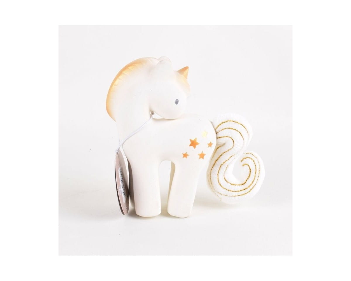 Jasny jednorożec ze złotą grzywą i złotymi gwiazdkami