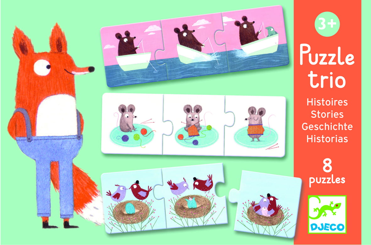 Opakowanie puzzli, gdzie elementy tworzą historyjki ze zwierzętami