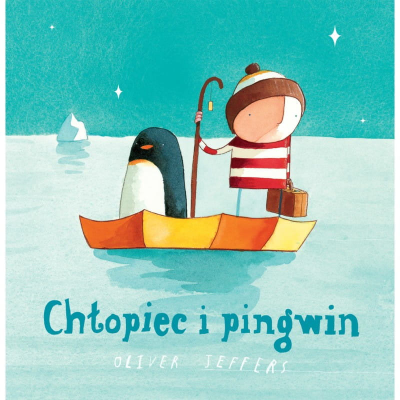 Okładka książki - chłopiec i pingwin płyną po wodzie w odwróconym parasolu