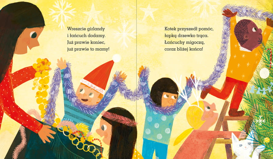 Rozkładówka w książce - na żółtym tle rysunkowe postaci zakładają łańcuchy na choinkę