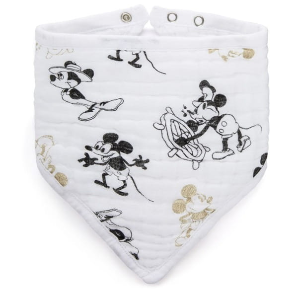 Biały śliniak bandana z nadrukowanymi czarnymi, rysunkowymi wizerunkami myszki Mickey