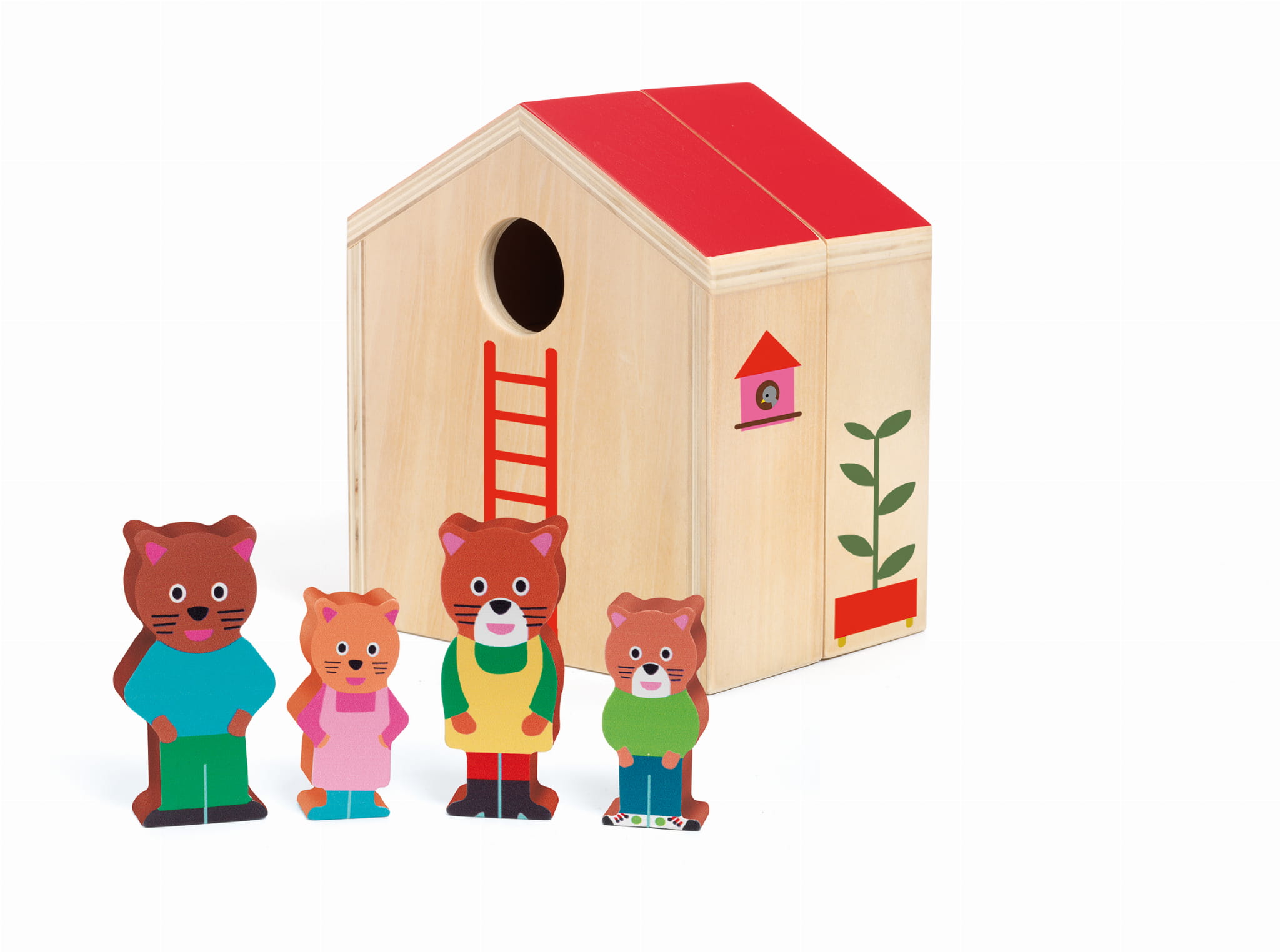 Drewniany domek z figurkami - rodziną kotków