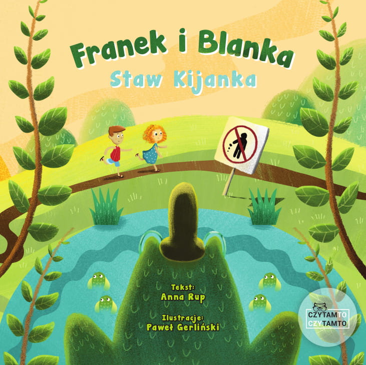 Okładka książki z dziećmi nad stawem i żabą