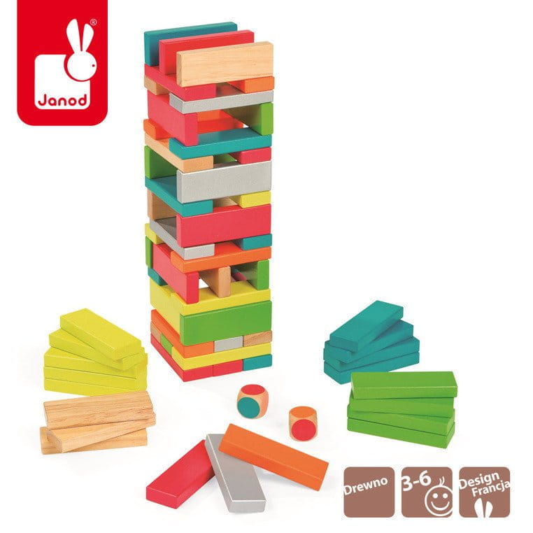 Kolorowa wieża ułożona z klocków drewnianych jenga