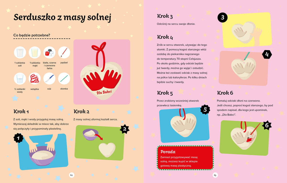 Rozkładówka książki z instrukcją jak zrobić serduszko z masy solnej