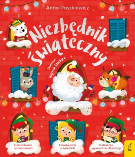 Okładka książki z Mikołajem, elfami i zwierzakami