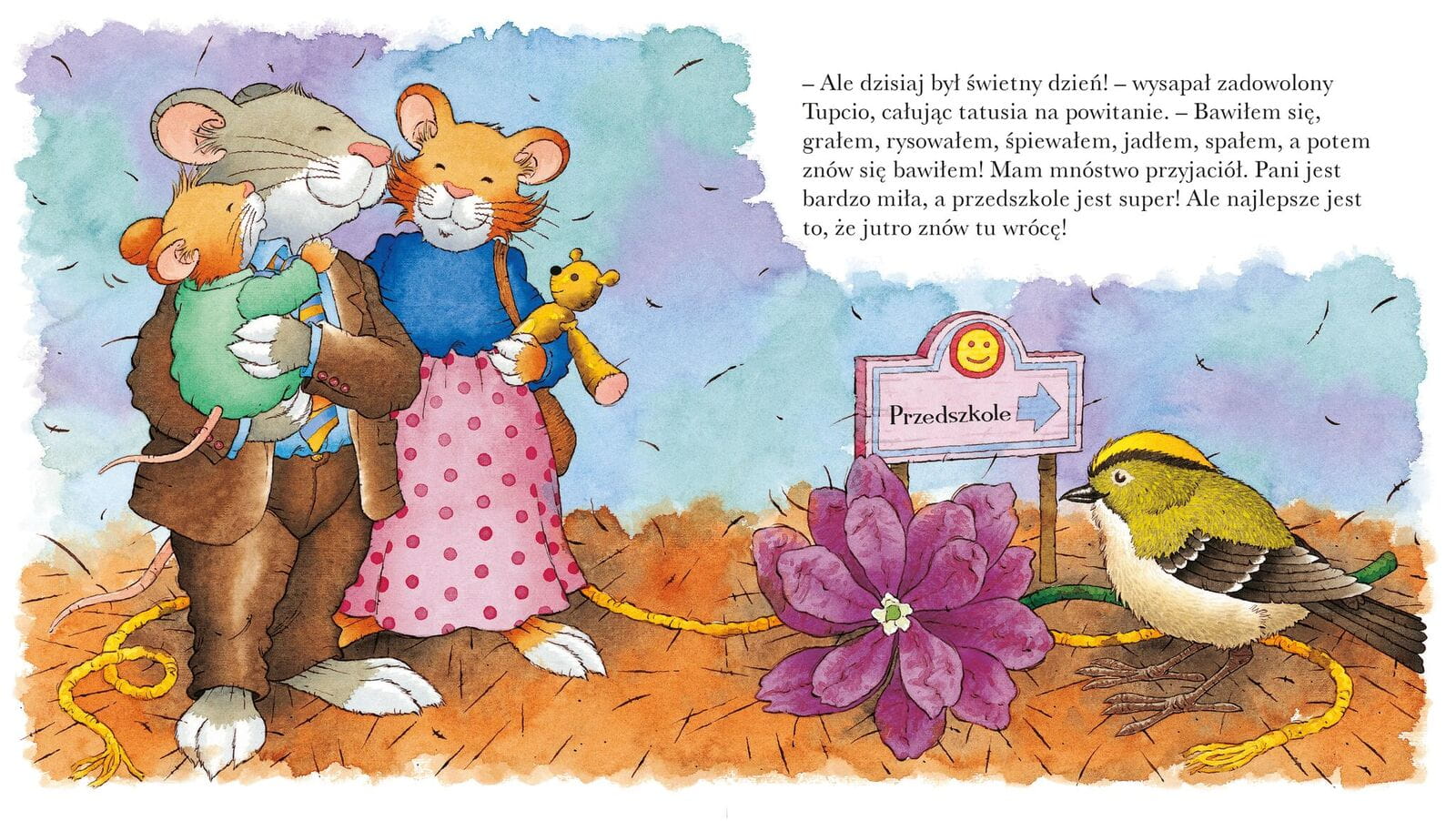Ilustracja z książki - na jednej stronie stoi Tupcio Chrupcio - myszka z rodzicami, a na drugiej stronie widnieje ptaszek i tabliczka ze strzałką i napisem przedszkole