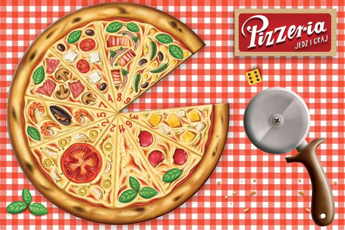 Pizza i nóż do pizzy oraz kostka do gry na obrusie w kratkę